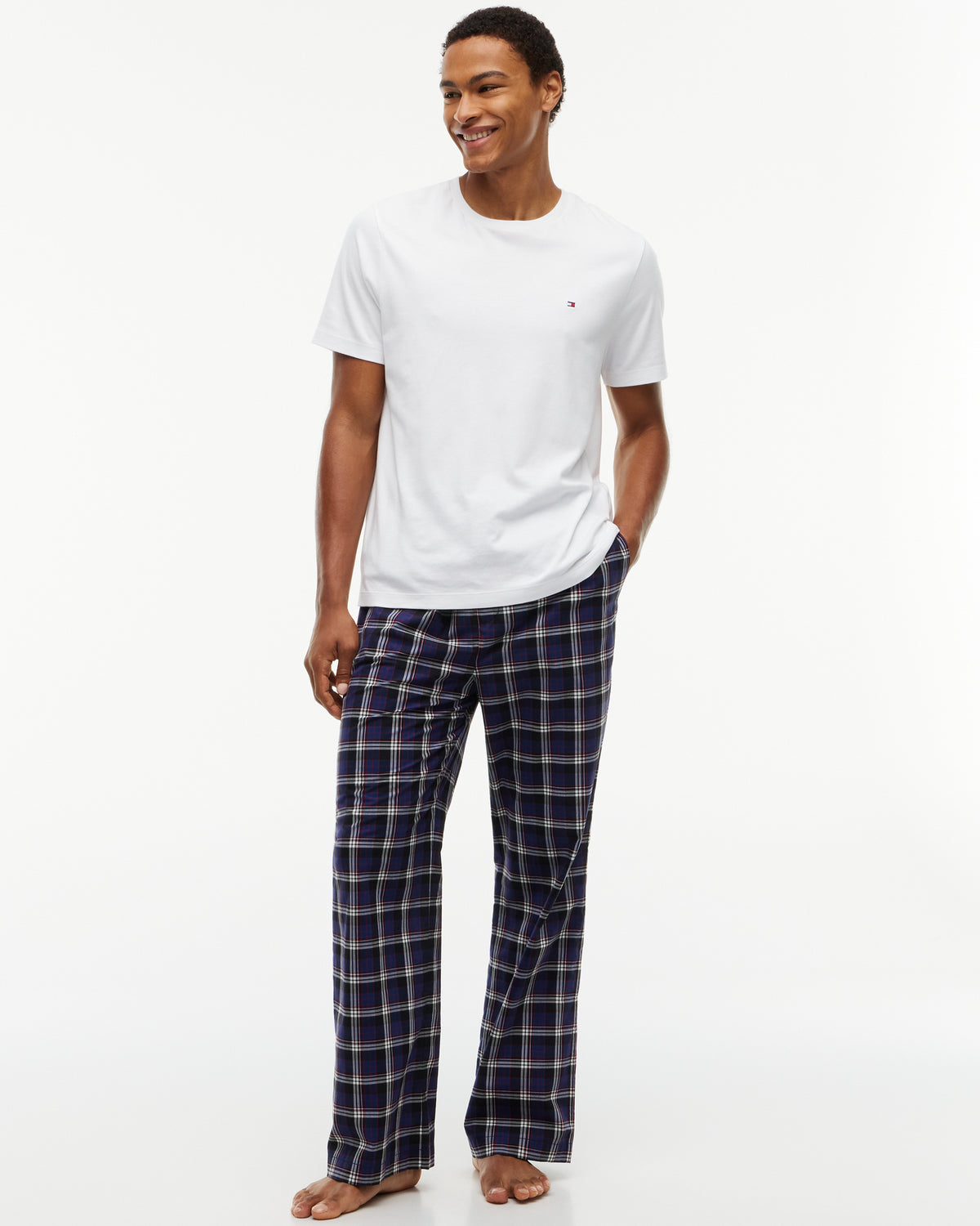 Tommy Hilfiger Woven Check Print Mens Pyjama Pants - Blue Ink Global Stripe Plaid