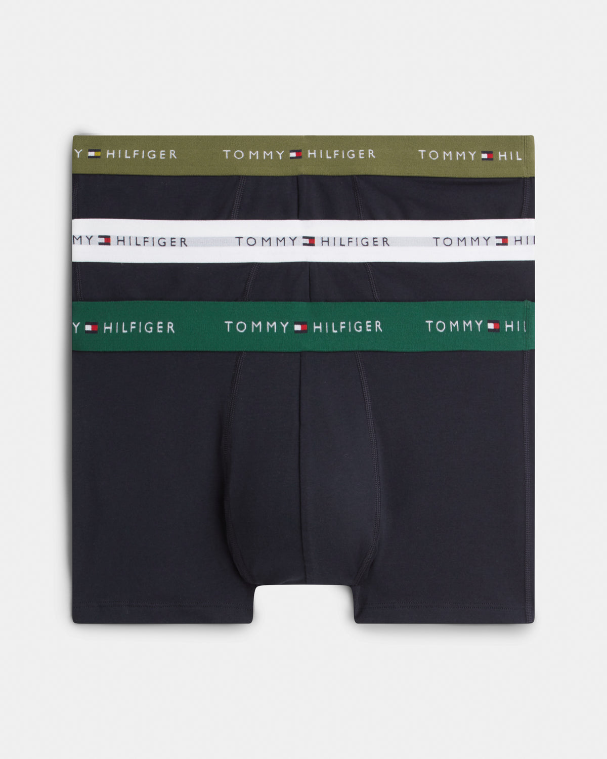 Tommy Hilfiger 3-Pack Logo Waistband Mens Trunks - White/Orna Green/Utility Olive