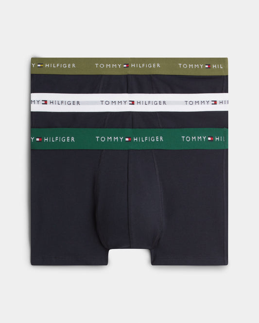 Tommy Hilfiger 3 - Pack Logo Waistband Mens Trunks - White/Orna Green/Utility Olive | CHO | Designer Mens Underwear
