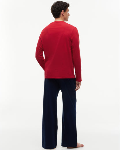Tommy Hilfiger Long Solid Jersey Mens Pyjama Set - Medium Red/Carbon Navy