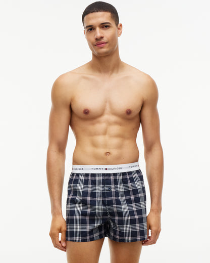 Tommy Hilfiger 2 Pack Woven Print Mens Boxers - Dark Blue Pink Check/Dark Blue