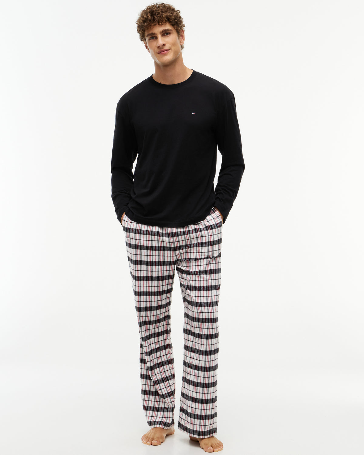 Tommy Hilfiger Jersey Top Flannel Bottom Mens Pyjama Set - Black/Black Red Plaid