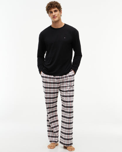 Tommy Hilfiger Jersey Top Flannel Bottom Mens Pyjama Set - Black/Black Red Plaid