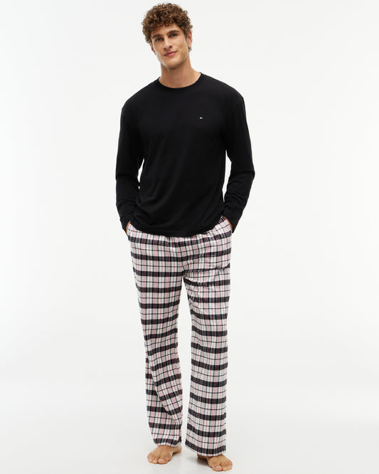 Tommy Hilfiger Jersey Top Flannel Bottom Mens Pyjama Set - Black/Black Red Plaid | CHO | Designer Mens Pyjamas