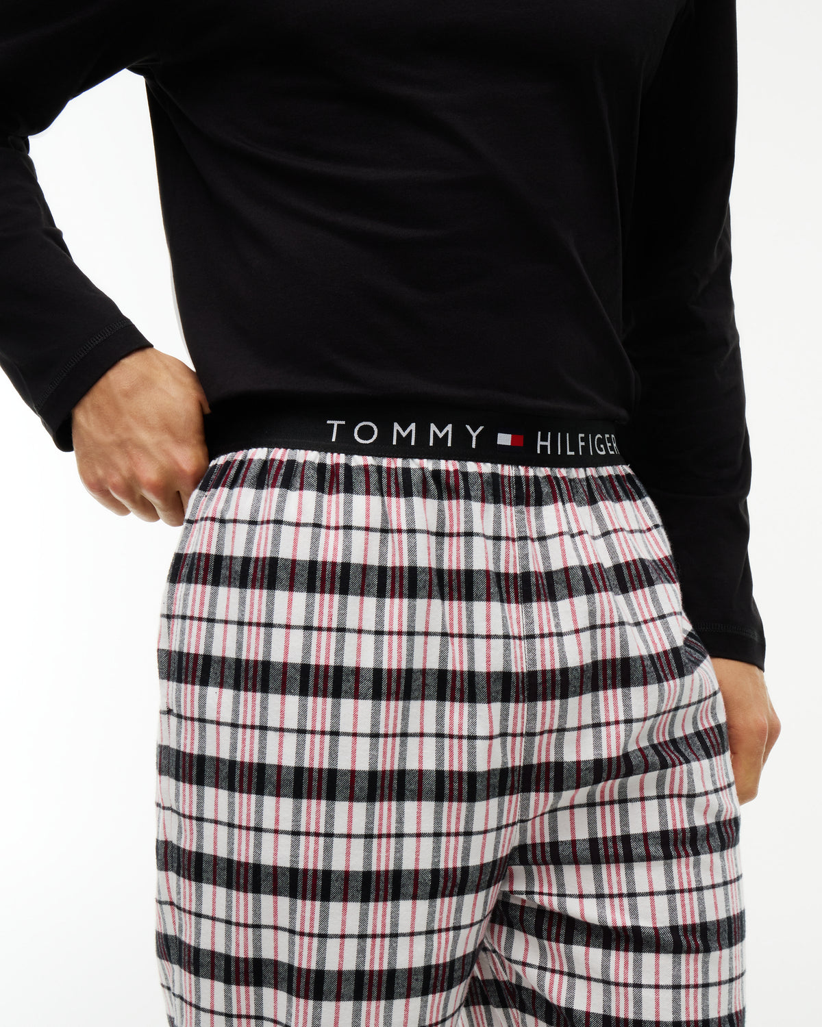 Tommy Hilfiger Jersey Top Flannel Bottom Mens Pyjama Set - Black/Black Red Plaid