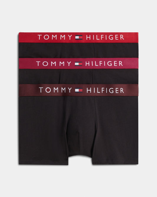 Tommy Hilfiger 3 Pack Waistband Mens Trunks - Medium Red/Raspberry Juice/Burgundy | CHO | Designer Mens Underwear