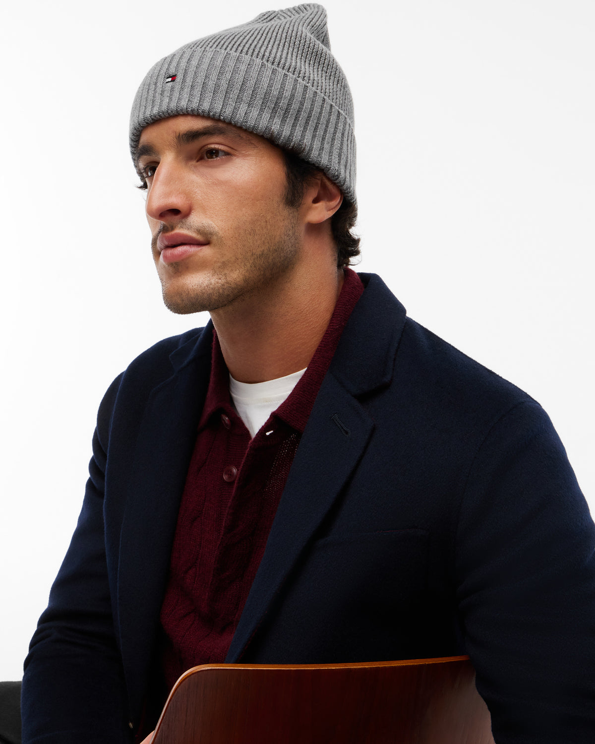 Tommy Hilfiger TH Flag Mens Pima Cotton Beanie - Medium Grey Heather | CHO | Designer Mens Beanies