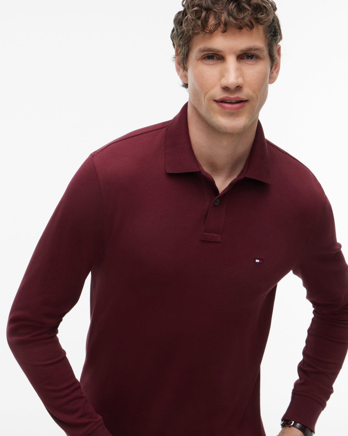 Tommy Hilfiger 1985 Regular Long Sleeve Mens Polo Shirt - Burgundy | CHO | Designer Mens Long Sleeve Polo Shirts