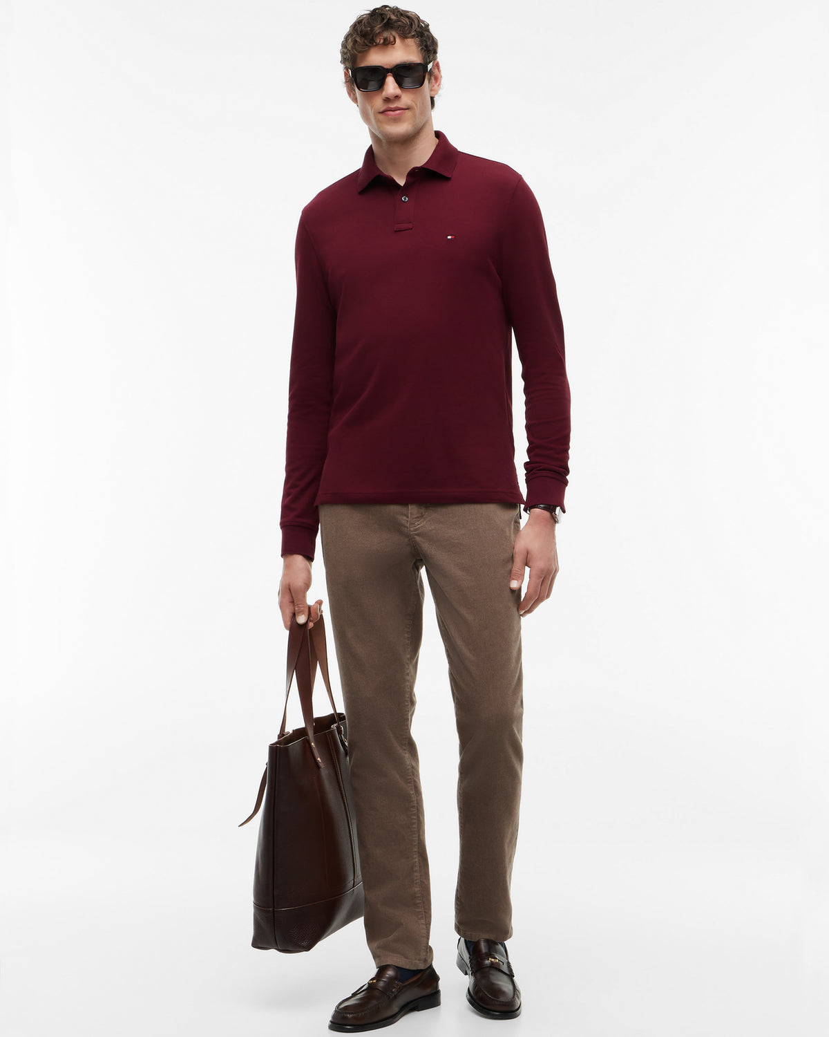 Tommy Hilfiger 1985 Regular Long Sleeve Mens Polo Shirt - Burgundy | CHO | Designer Mens Long Sleeve Polo Shirts