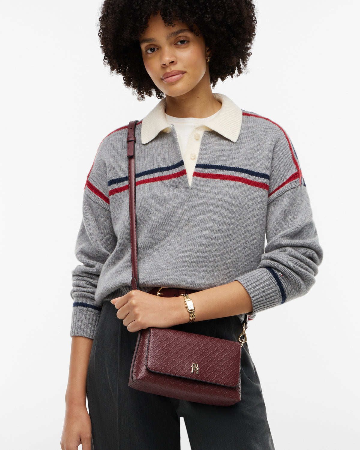 Tommy Hilfiger TH Icon Conv Womens Mono Print Crossover Bag - Oxblood | CHO | Designer Womens Shoulder Bags