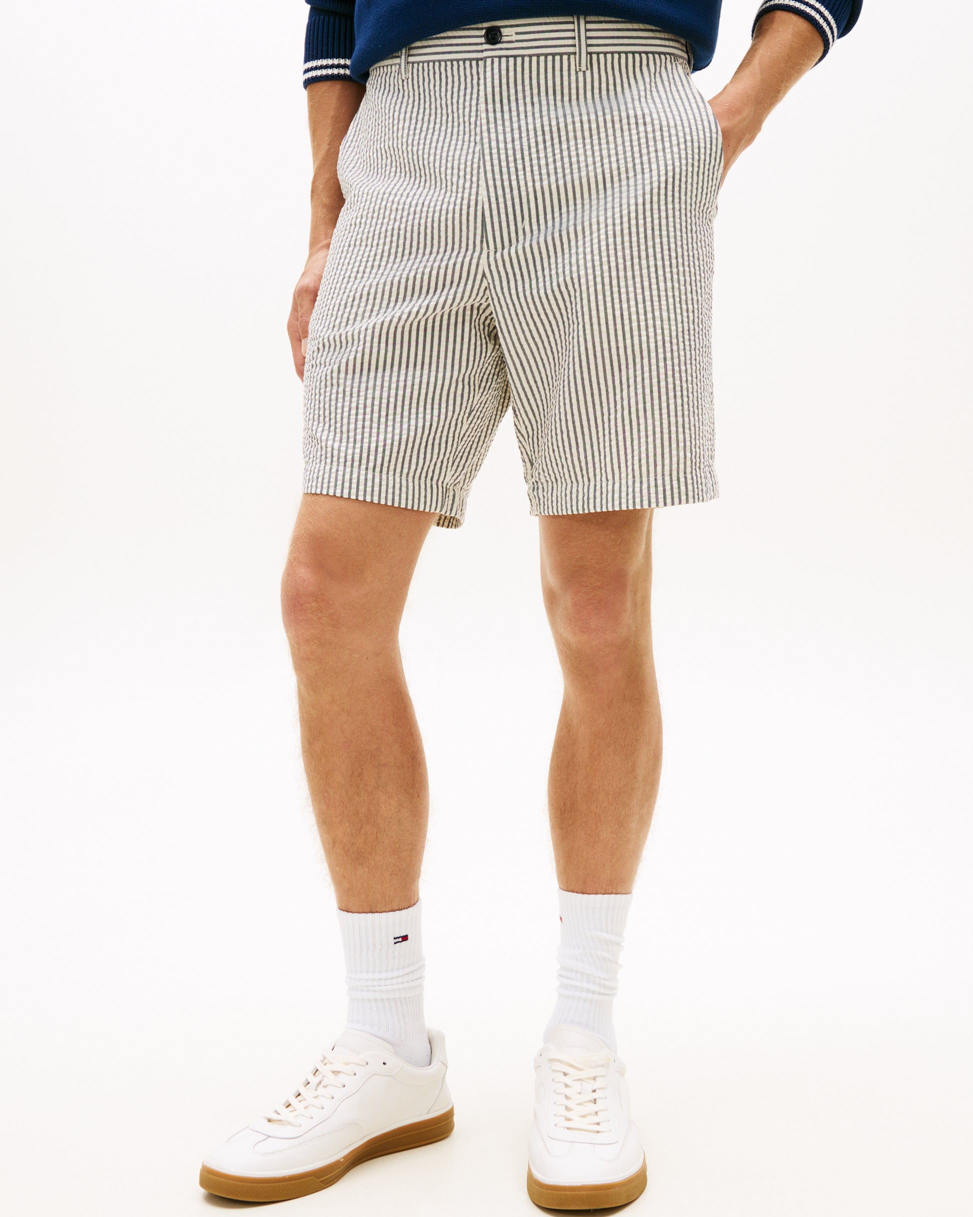 Tommy Hilfiger Dover 8 Inch Seersucker Strip Mens Shorts - Desert Sky/Ecru | CHO | Designer Mens Chino Shorts