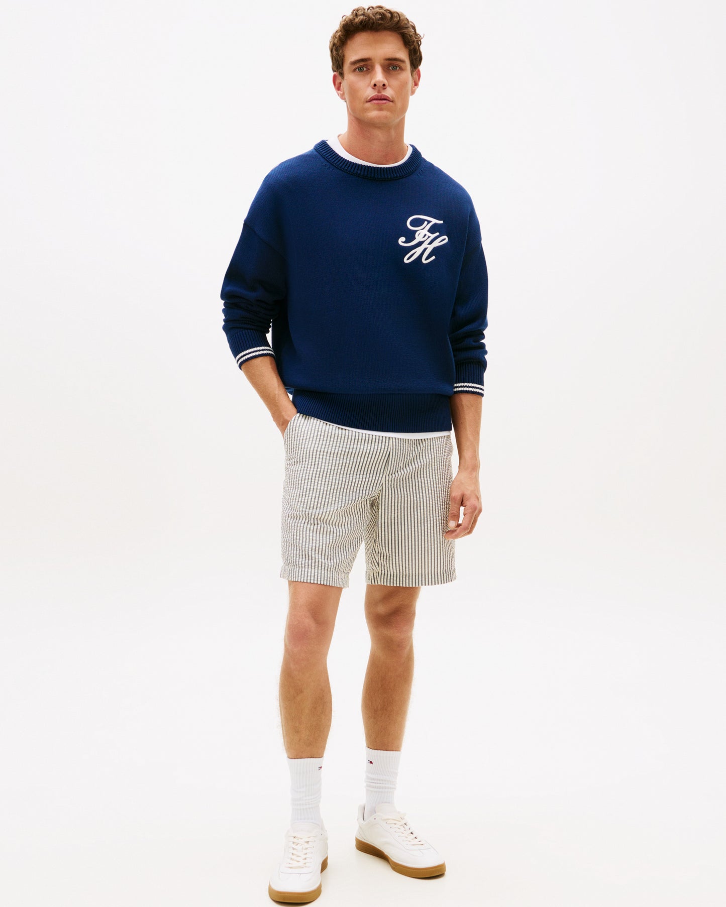 Tommy Hilfiger Dover 8 Inch Seersucker Strip Mens Shorts - Desert Sky/Ecru | CHO | Designer Mens Chino Shorts