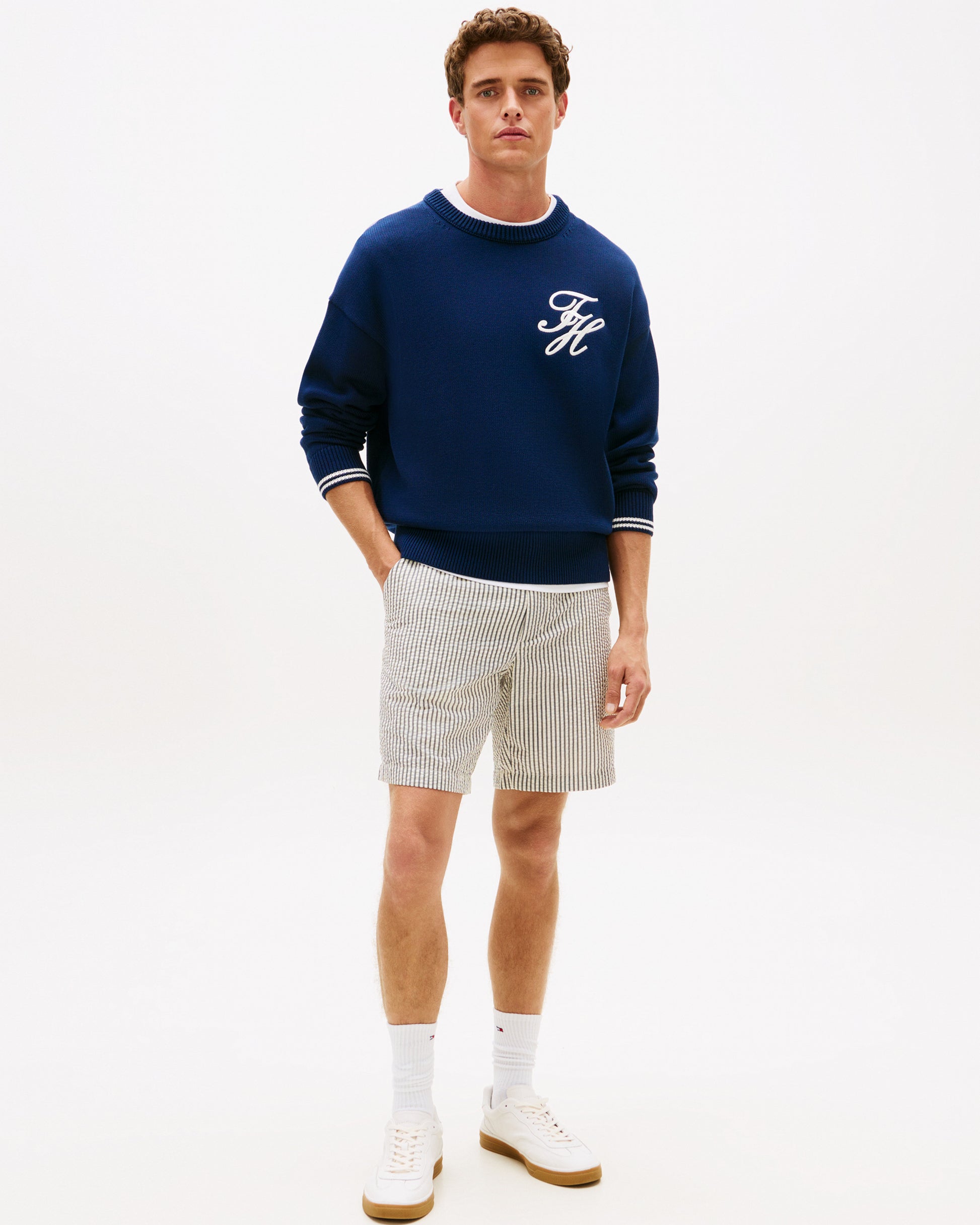 Tommy Hilfiger Dover 8 Inch Seersucker Strip Mens Shorts - Desert Sky/Ecru | CHO | Designer Mens Chino Shorts