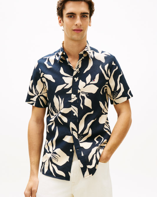 Tommy Hilfiger Linen Blend Flower Print Mens Short Sleeve Shirt - Dark Night Navy/Allover
