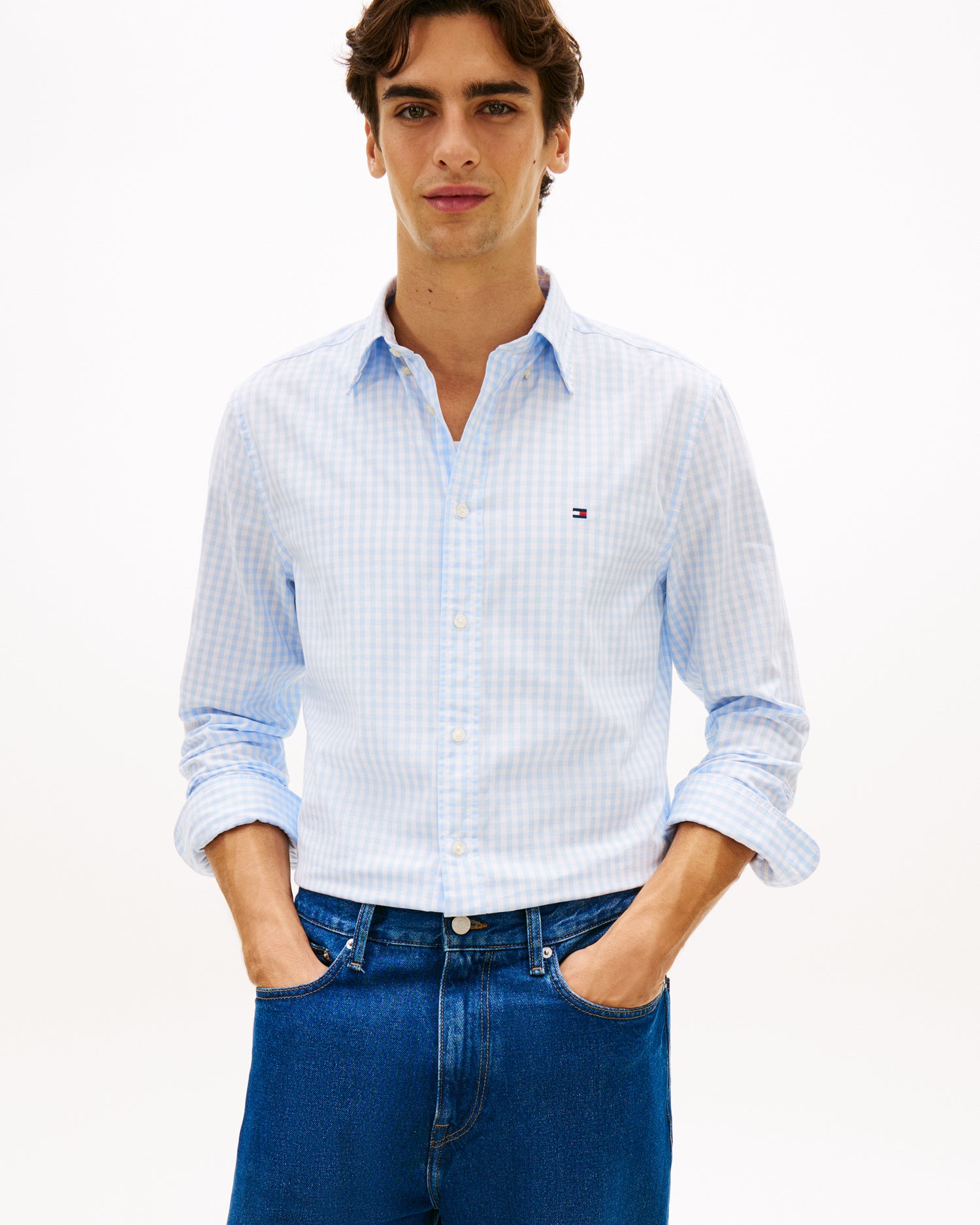 Tommy Hilfiger Flex Poplin Gingham Mens Long Sleeve Shirt - Sweet Blue/Check | CHO | Designer Mens Long Sleeve Shirts