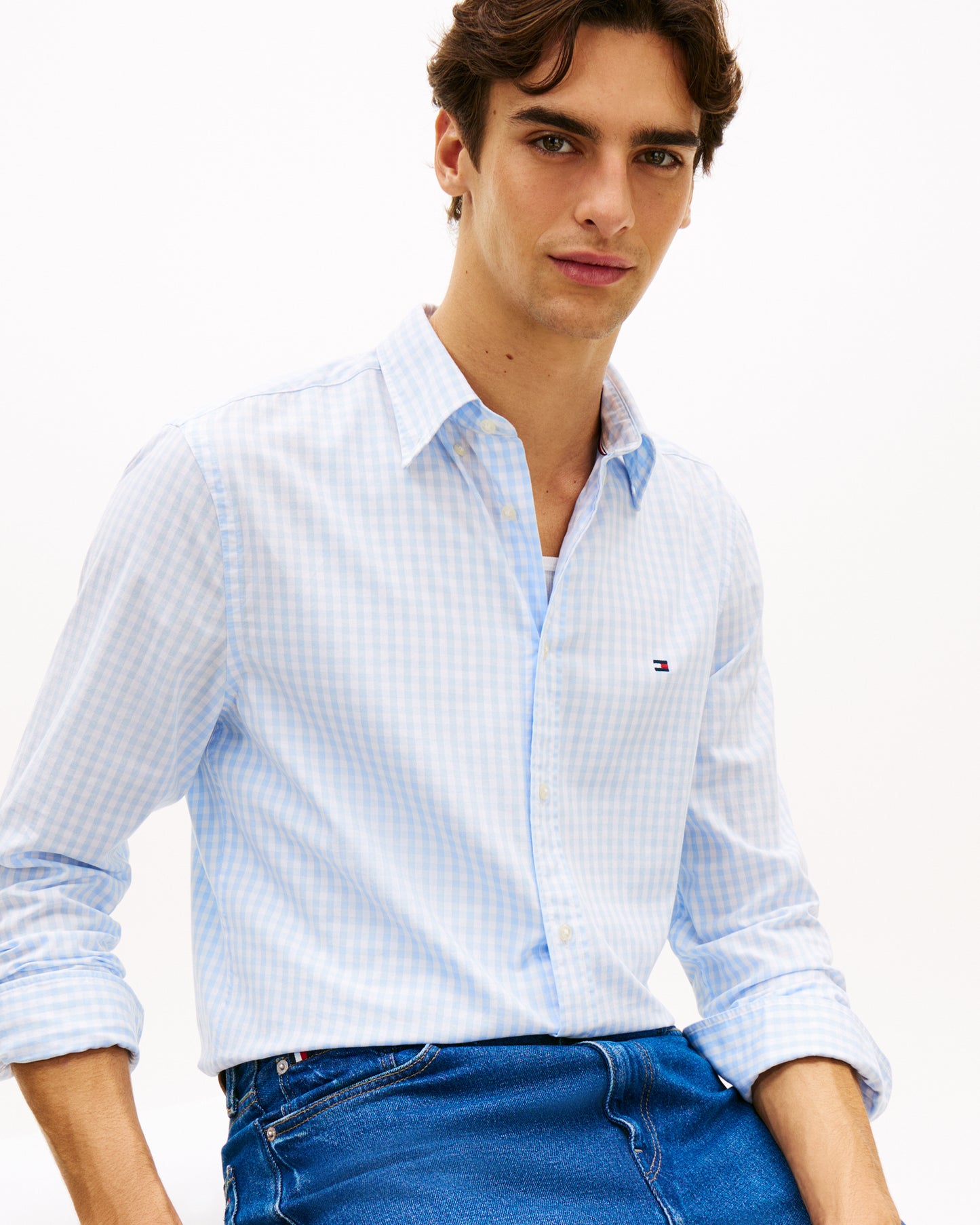Tommy Hilfiger Flex Poplin Gingham Mens Long Sleeve Shirt - Sweet Blue/Check | CHO | Designer Mens Long Sleeve Shirts