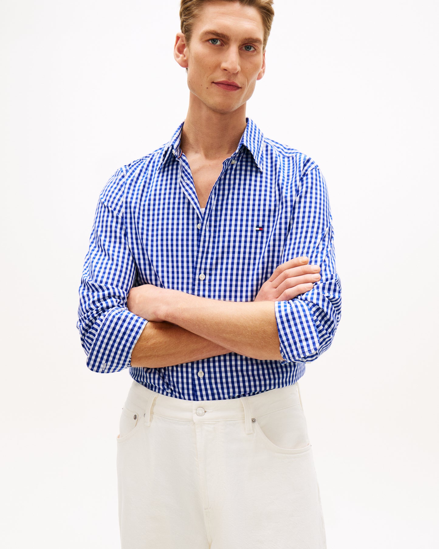 Tommy Hilfiger Flex Poplin Gingham Mens Long Sleeve Shirt - Wedge Blue/Check | CHO | Designer Mens Long Sleeve Shirts
