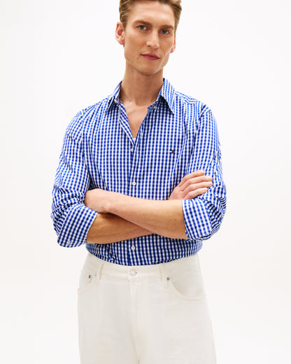 Tommy Hilfiger Flex Poplin Gingham Mens Long Sleeve Shirt - Wedge Blue/Check | CHO | Designer Mens Long Sleeve Shirts