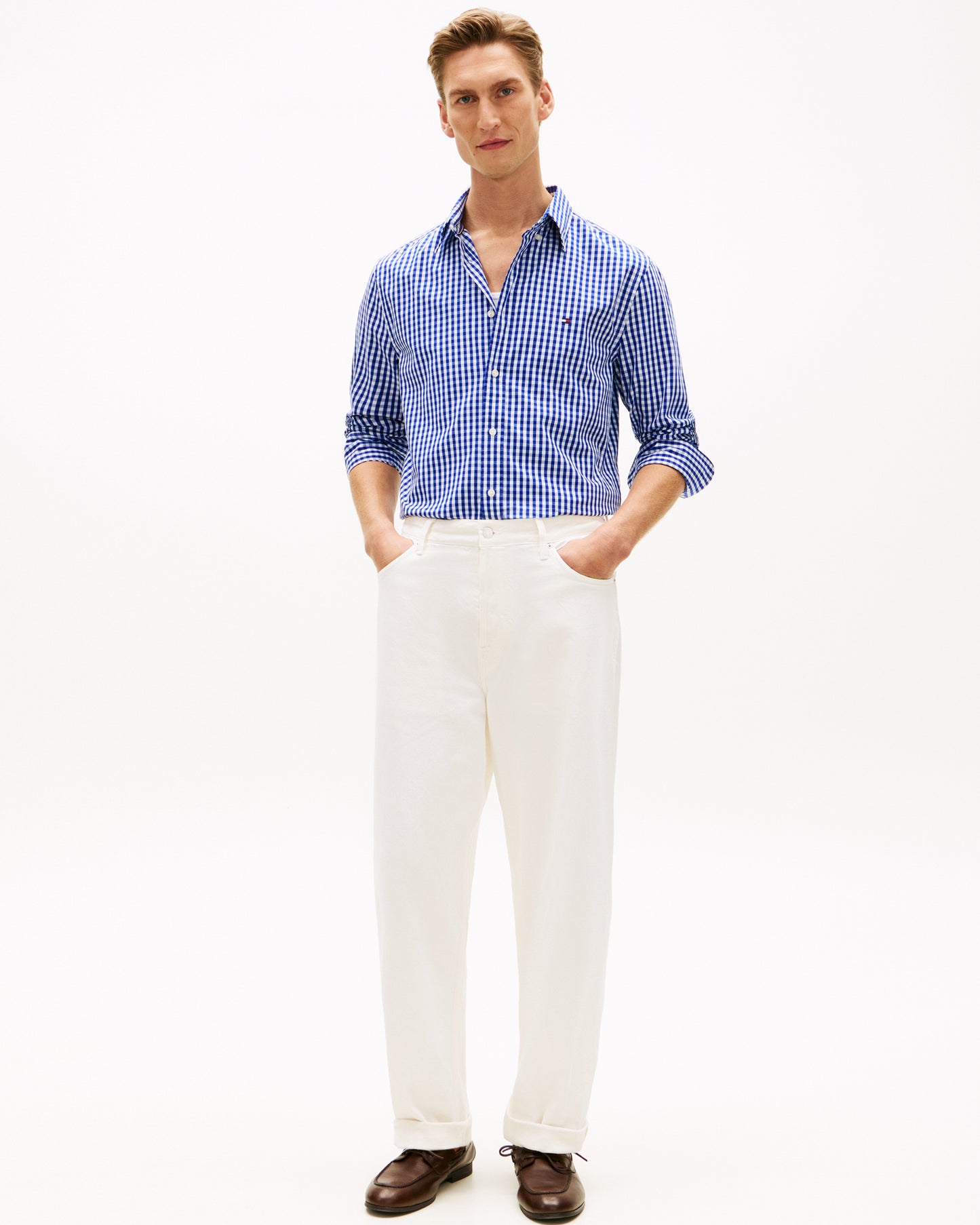 Tommy Hilfiger Flex Poplin Gingham Mens Long Sleeve Shirt - Wedge Blue/Check | CHO | Designer Mens Long Sleeve Shirts
