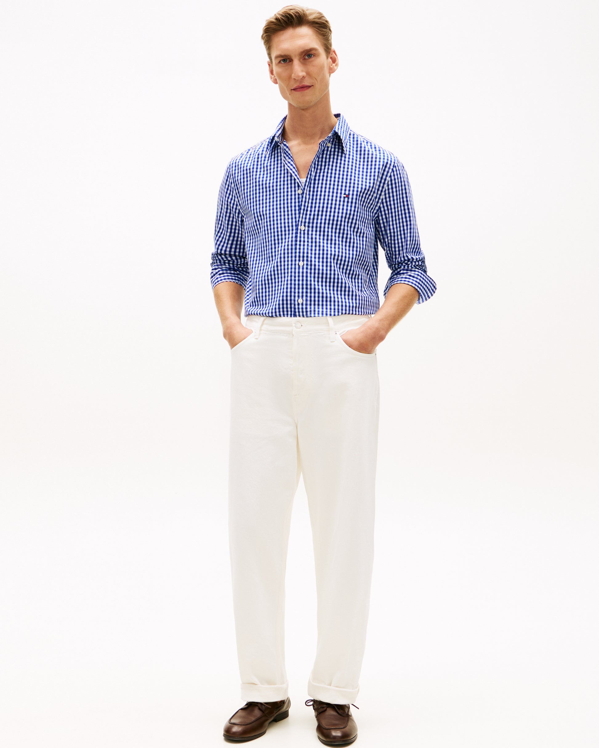 Tommy Hilfiger Flex Poplin Gingham Mens Long Sleeve Shirt - Wedge Blue/Check | CHO | Designer Mens Long Sleeve Shirts
