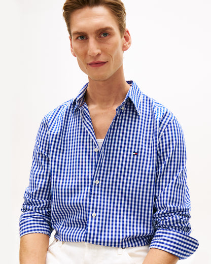 Tommy Hilfiger Flex Poplin Gingham Mens Long Sleeve Shirt - Wedge Blue/Check | CHO | Designer Mens Long Sleeve Shirts