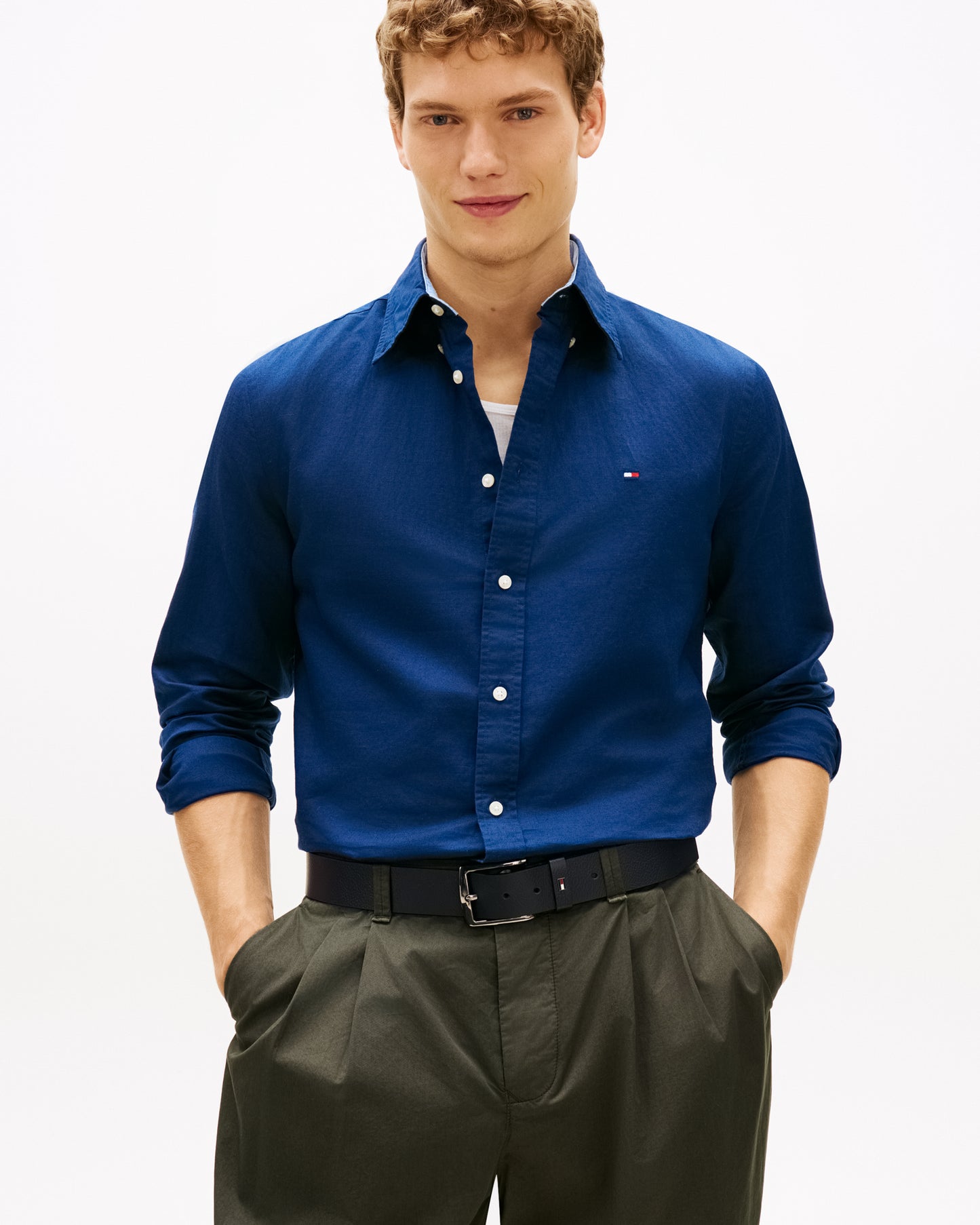 Tommy Hilfiger Linen Blend Solid Mens Long Sleeve Shirt - Carbon Navy