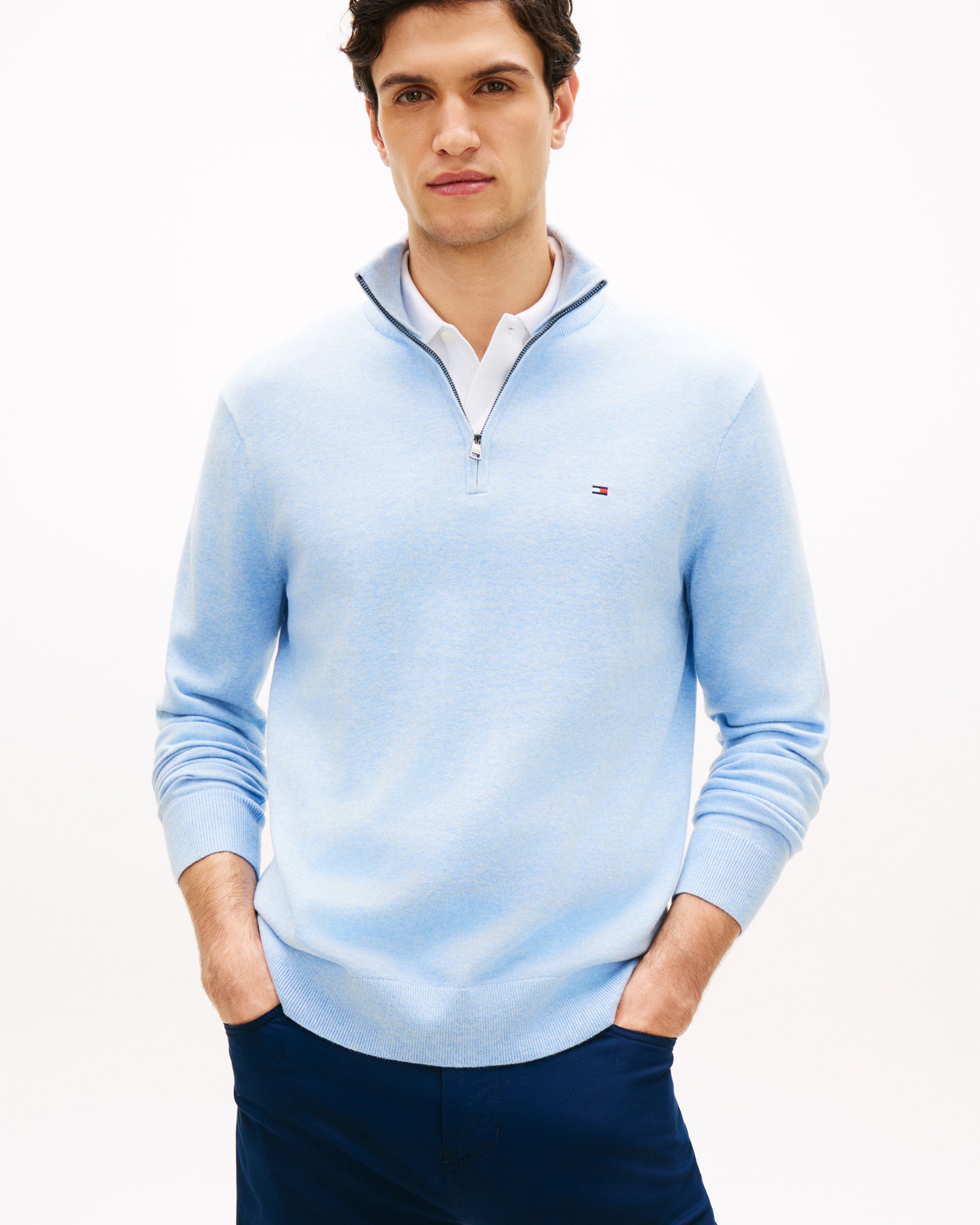 Tommy Hilfiger Essential Cotton 1/4 Zip Mock Mens Sweatshirt - Vessel Blue Heather | CHO | Designer Mens Sweatshirts
