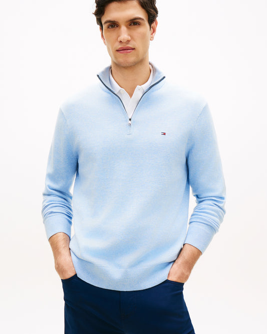 Tommy Hilfiger Essential Cotton 1/4 Zip Mock Mens Sweatshirt - Vessel Blue Heather | CHO | Designer Mens Sweatshirts