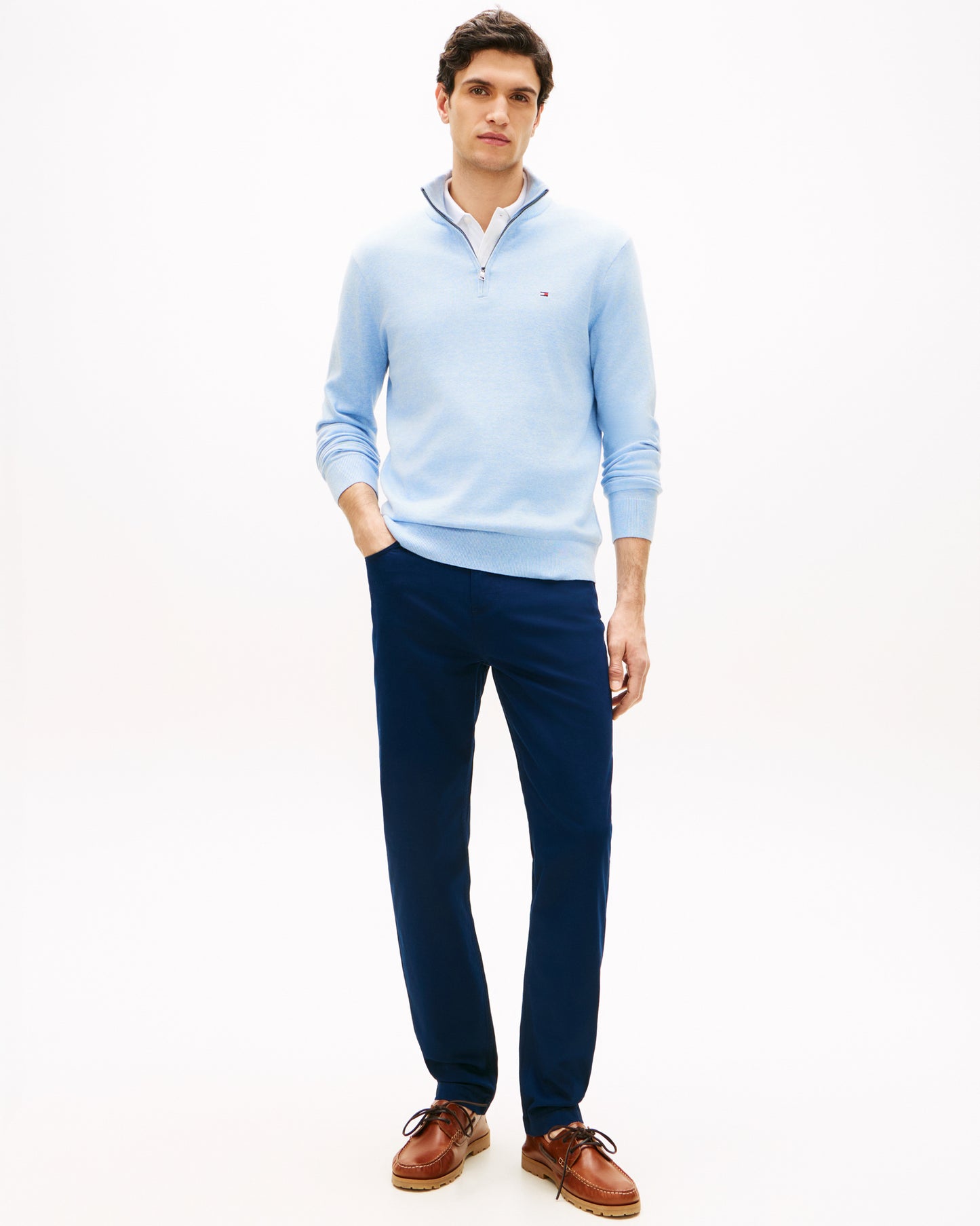 Tommy Hilfiger Essential Cotton 1/4 Zip Mock Mens Sweatshirt - Vessel Blue Heather | CHO | Designer Mens Sweatshirts