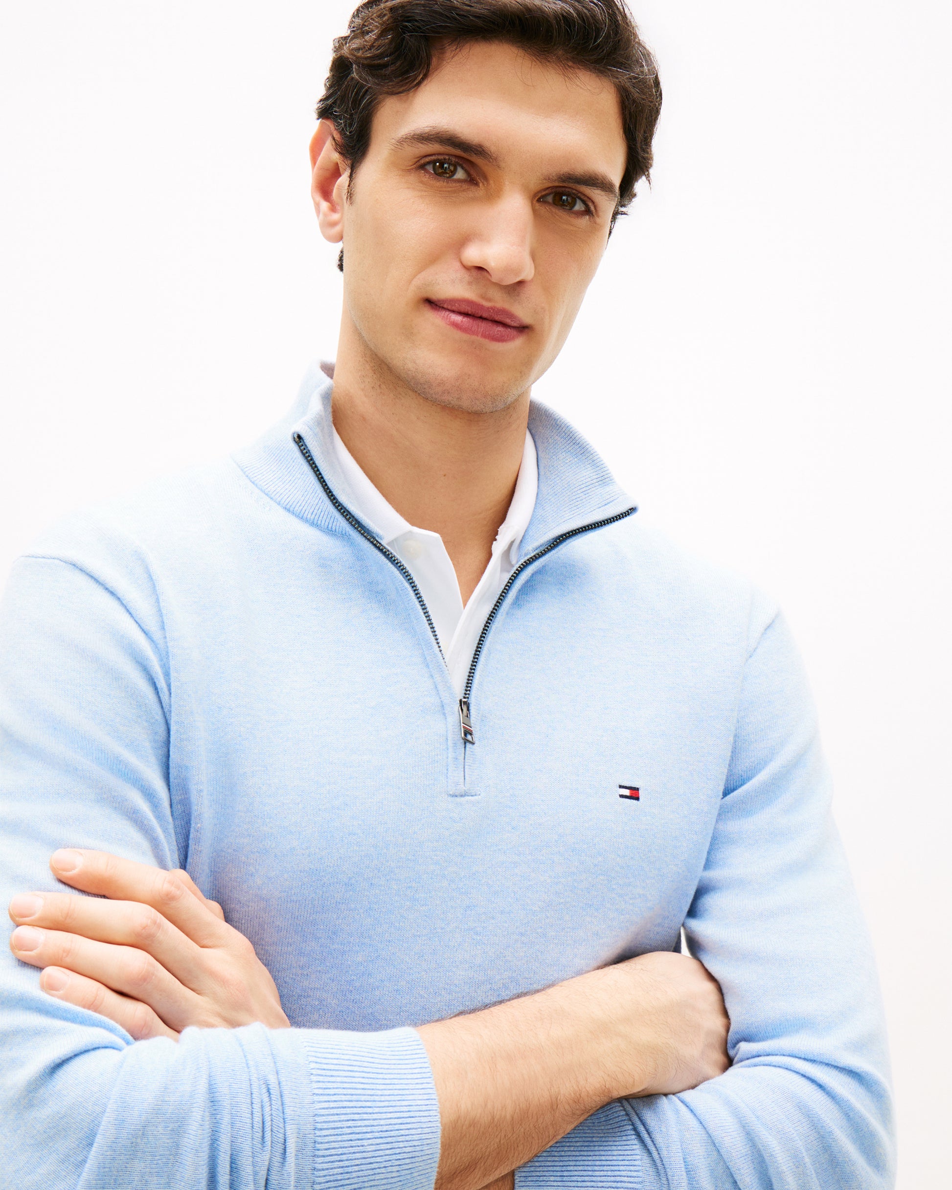 Tommy Hilfiger Essential Cotton 1/4 Zip Mock Mens Sweatshirt - Vessel Blue Heather | CHO | Designer Mens Sweatshirts