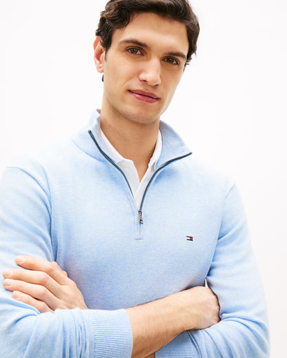 Tommy Hilfiger Essential Cotton 1/4 Zip Mock Mens Sweatshirt - Vessel Blue Heather | CHO | Designer Mens Sweatshirts