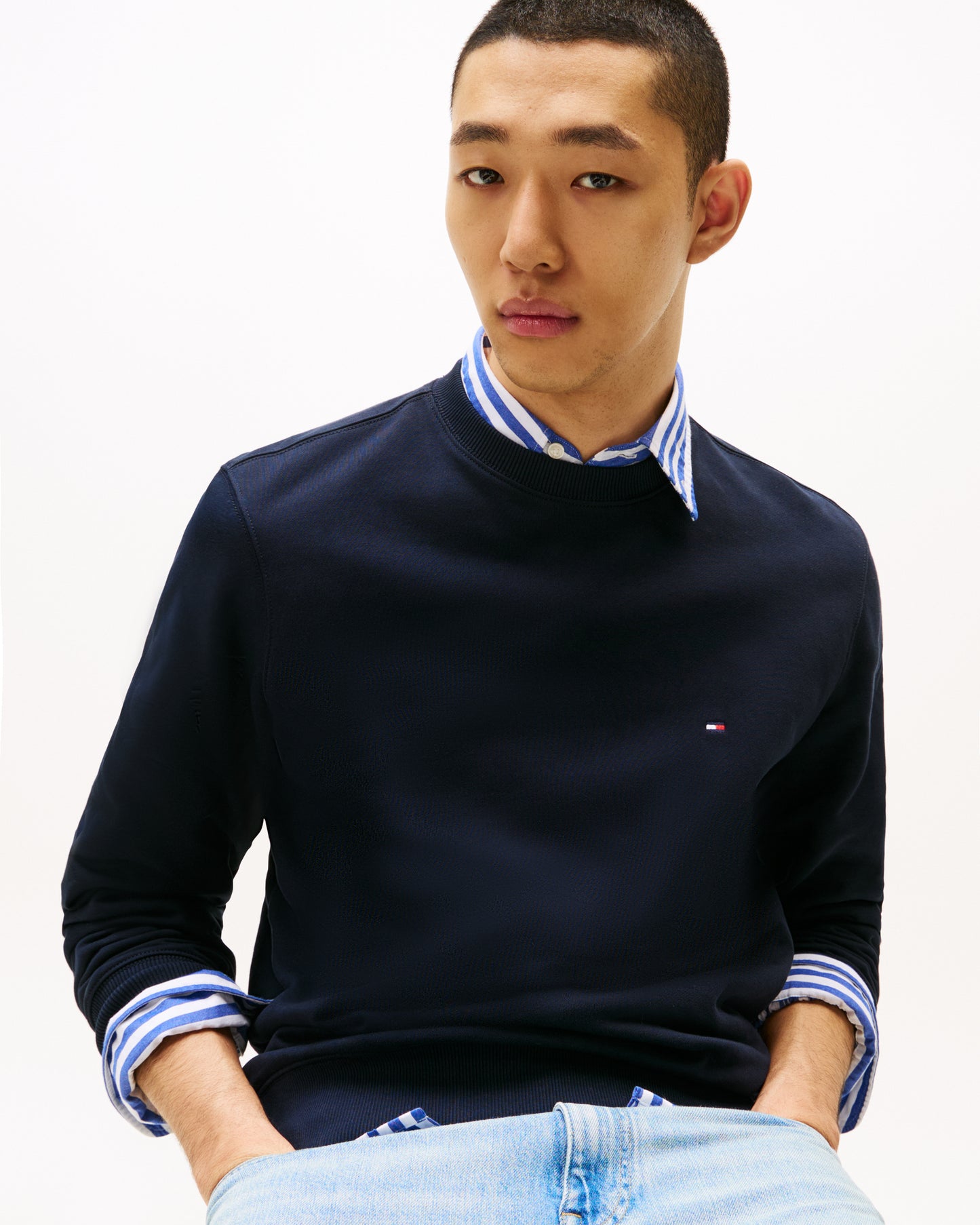 Tommy Hilfiger Essential Mens Terry Cotton Crew Neck - Desert Sky | CHO | Designer Mens Sweatshirts