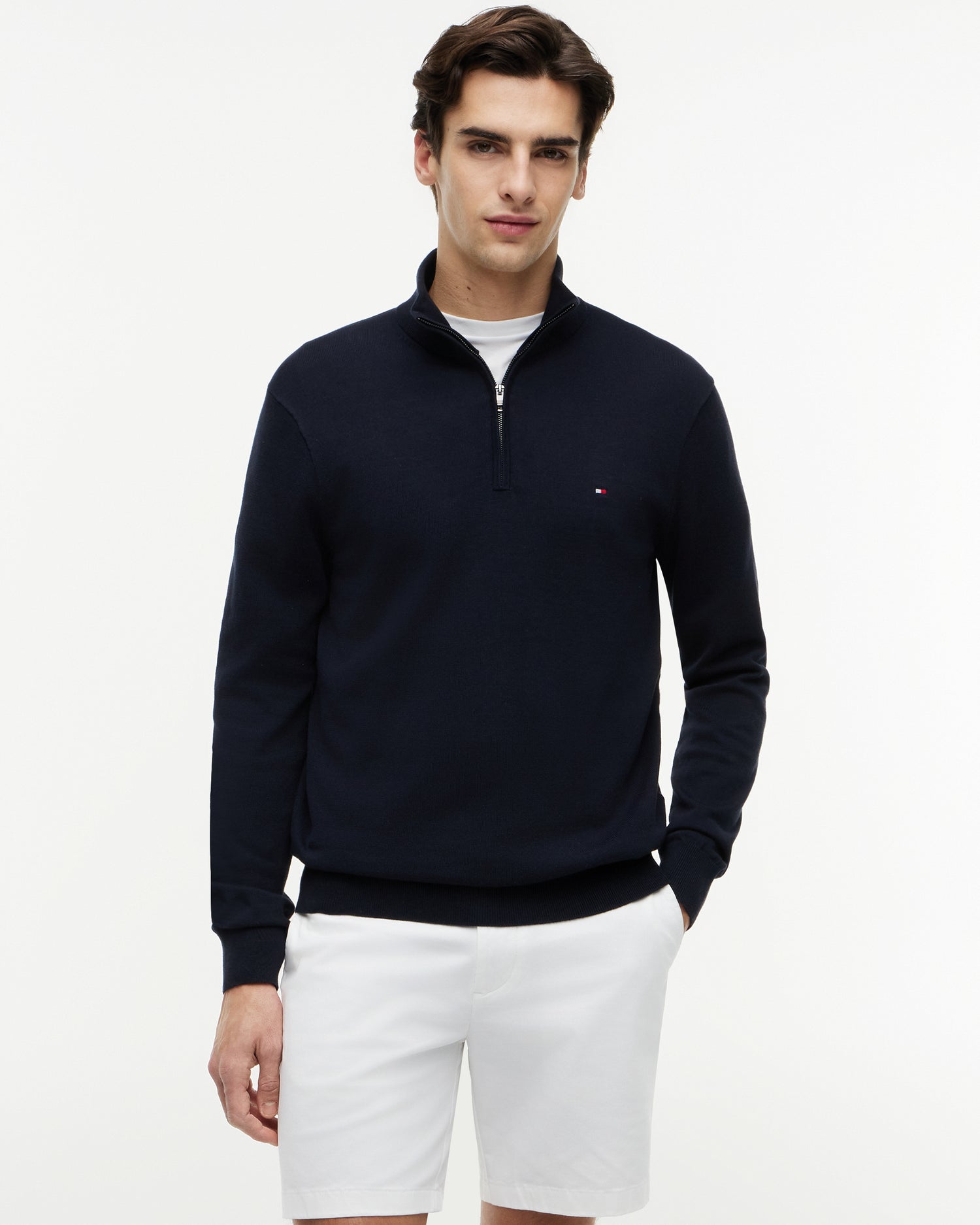 Tommy Hilfiger Essential Cotton 1/4 Zip Mock Mens Sweatshirt - Desert Sky | CHO | Designer Mens Sweatshirts
