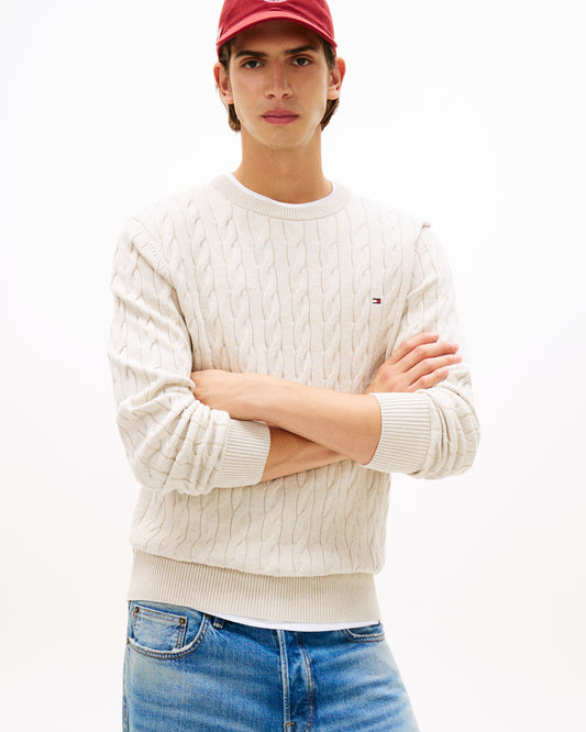 Tommy Hilfiger Classic Cable Mens Crew Jumper - Heathered Oatmilk