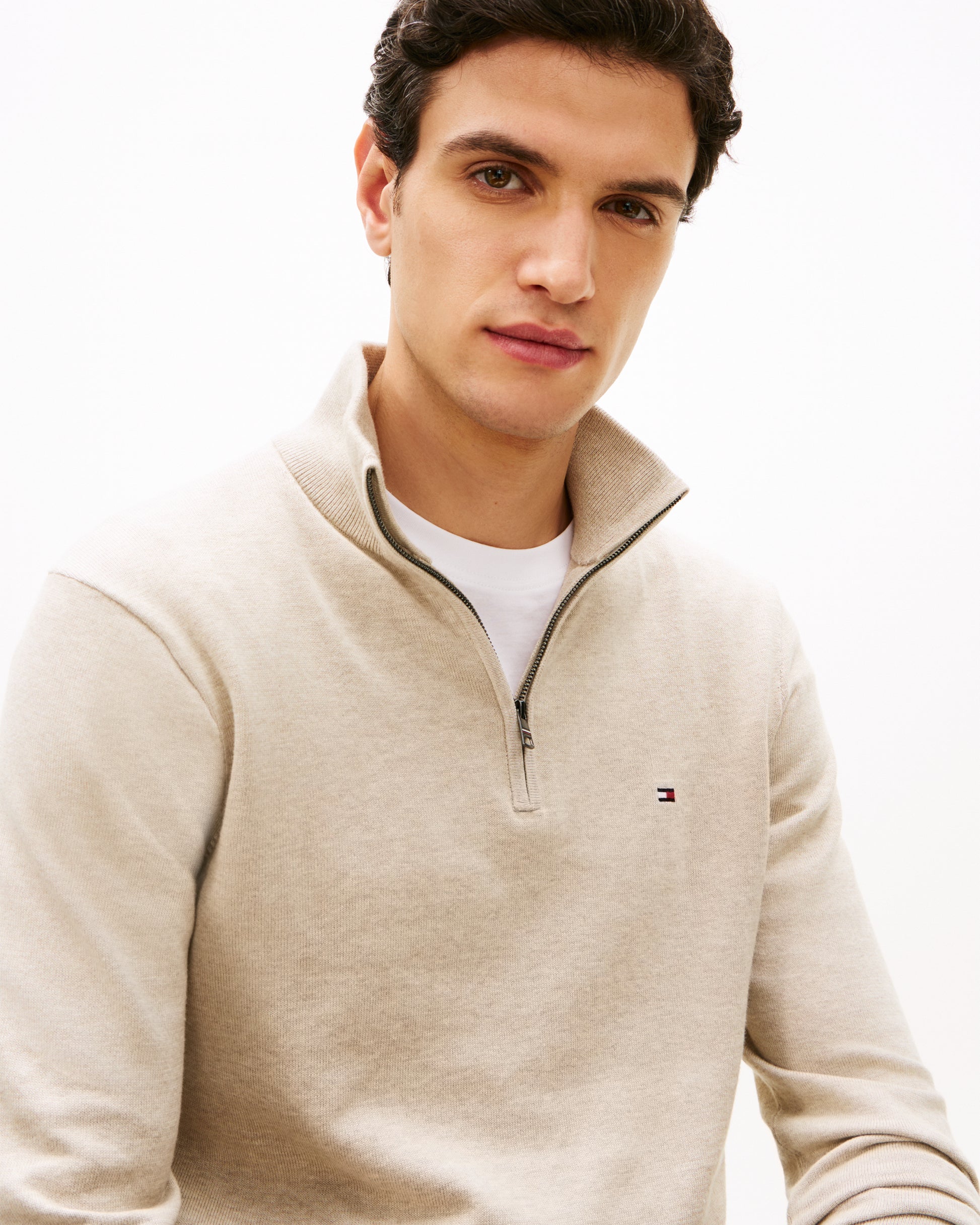 Tommy Hilfiger Essential Cotton 1/4 Zip Mock Mens Sweatshirt - Sandalwood Heather | CHO | Designer Mens Sweatshirts