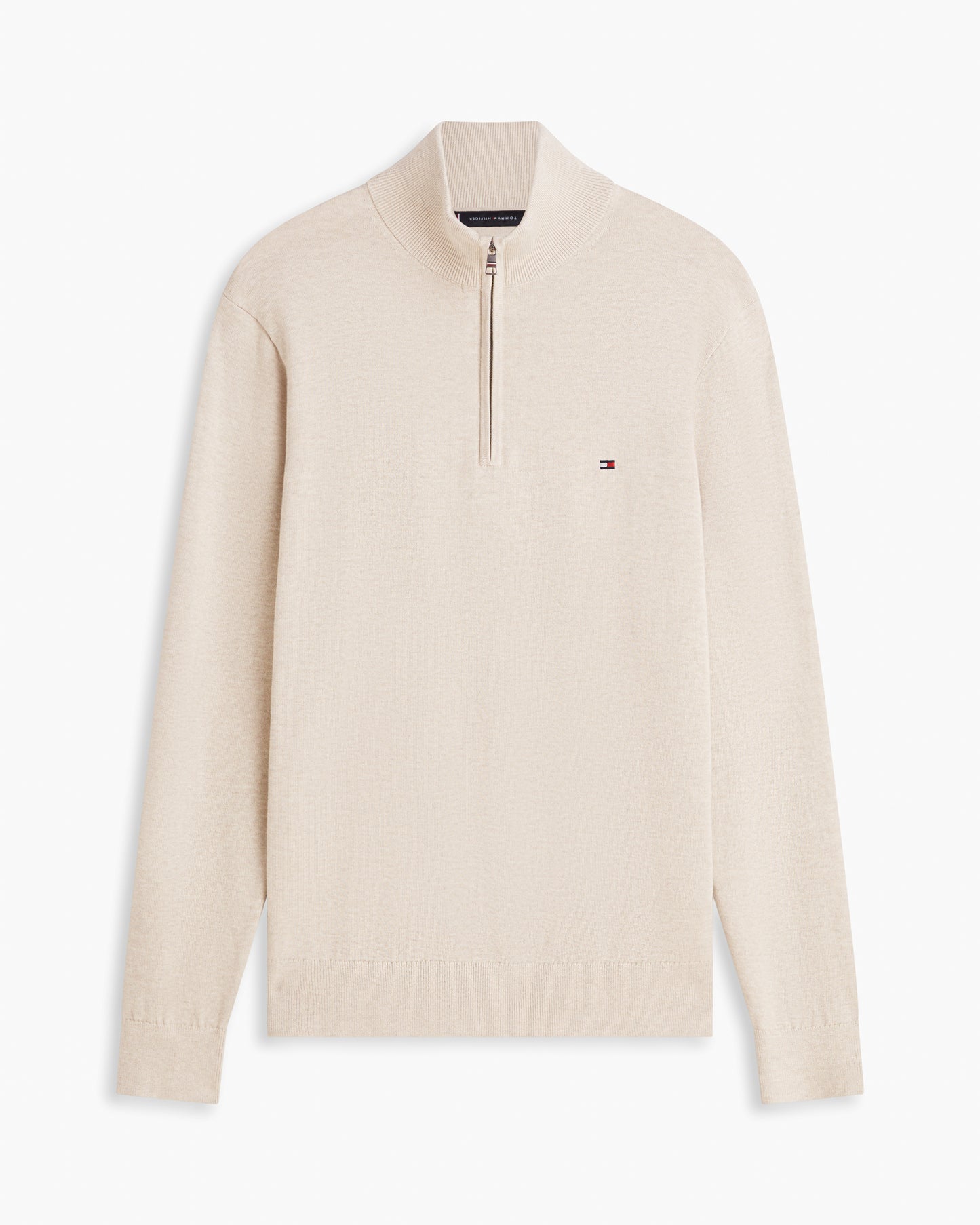 Tommy Hilfiger Essential Cotton 1/4 Zip Mock Mens Sweatshirt - Sandalwood Heather | CHO | Designer Mens Sweatshirts