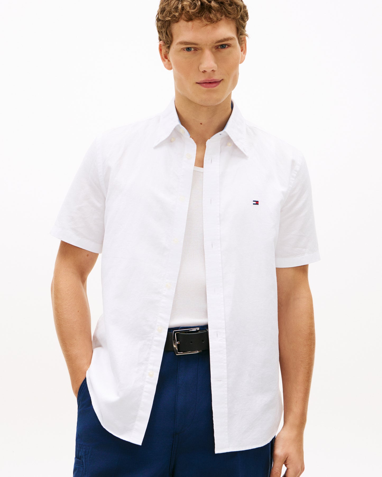 Tommy Hilfiger Linen Blend Solid Mens Short Sleeve Shirt - White
