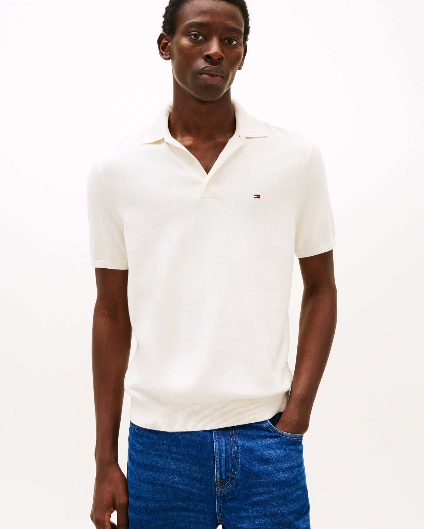 Tommy Hilfiger Essential Cotton Mens Knitted Polo - Ivory Petal