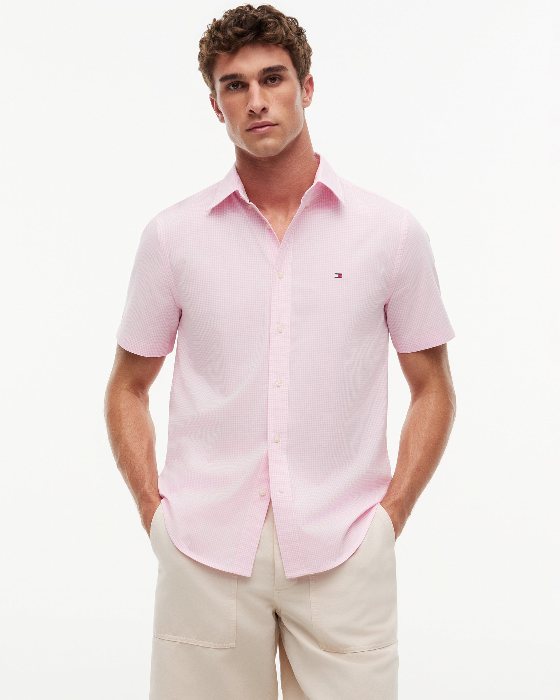 Tommy Hilfiger Flex Poplin Gingham Mens Shirt - Classic Pink/Check | CHO | Designer Mens Shirts - Classic Pink/Check - M - 8721386133312