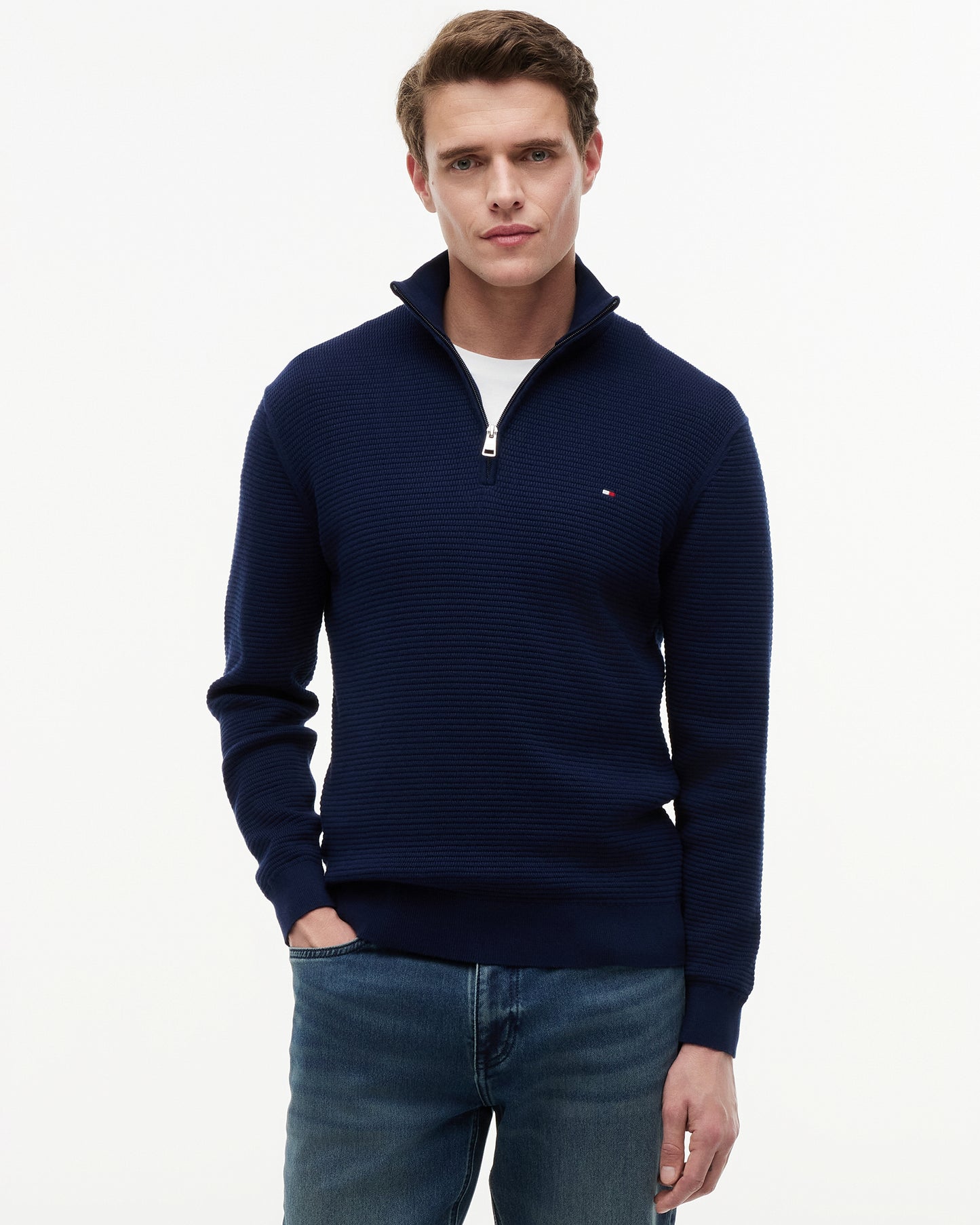 Tommy Hilfiger Seasonal Structure 1/4 Zip Mens Mock Neck Sweatshirt - Carbon Navy | CHO | Designer Mens Sweatshirts