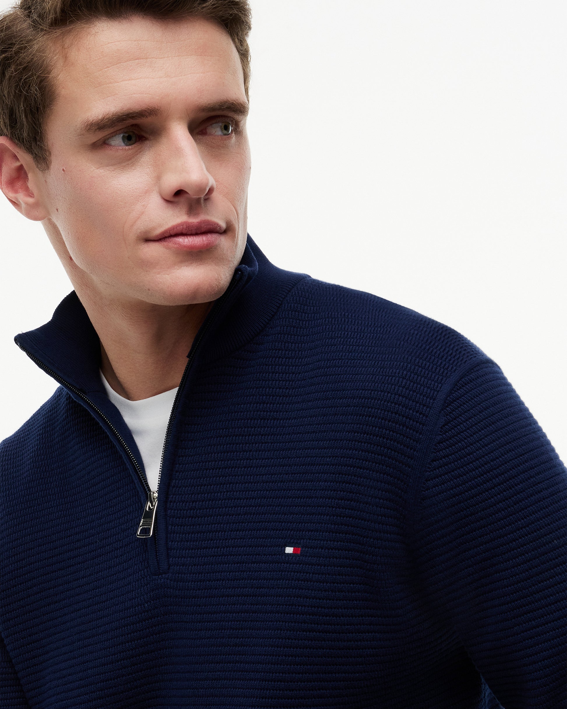 Tommy Hilfiger Seasonal Structure 1/4 Zip Mens Mock Neck Sweatshirt - Carbon Navy | CHO | Designer Mens Sweatshirts
