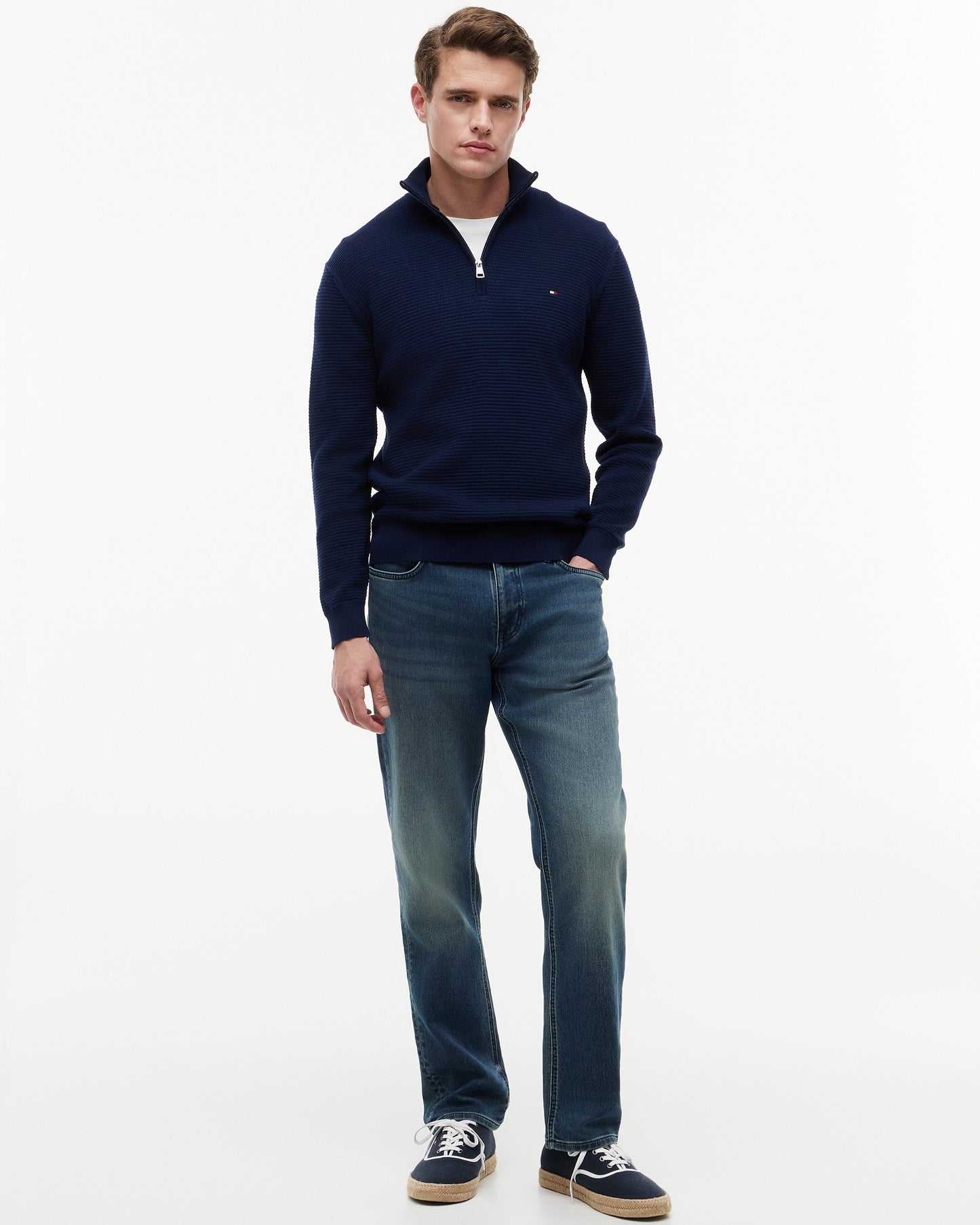 Tommy Hilfiger Seasonal Structure 1/4 Zip Mens Mock Neck Sweatshirt - Carbon Navy | CHO | Designer Mens Sweatshirts