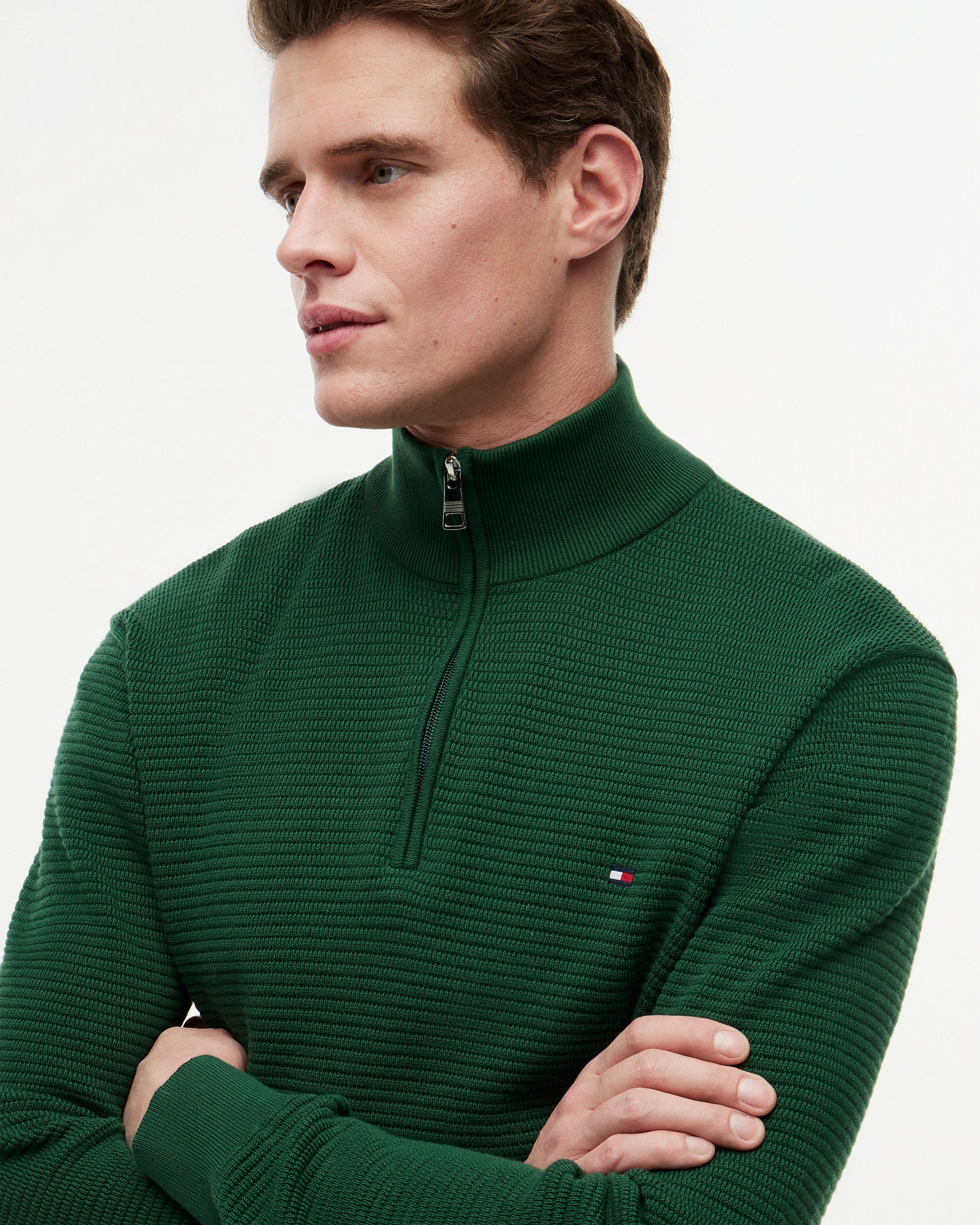 Tommy Hilfiger Seasonal Structure 1/4 Zip Mens Mock Neck Sweatshirt - Street Green | CHO | Designer Mens Sweatshirts