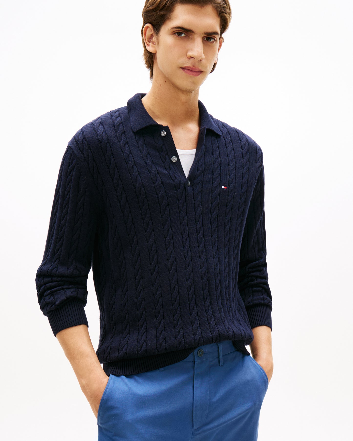 Tommy Hilfiger Classic Cotton Cable Mens Long Sleeve Polo - Desert Sky