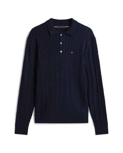 Tommy Hilfiger Classic Cotton Cable Mens Long Sleeve Polo - Desert Sky