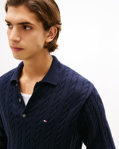 Tommy Hilfiger Classic Cotton Cable Mens Long Sleeve Polo - Desert Sky