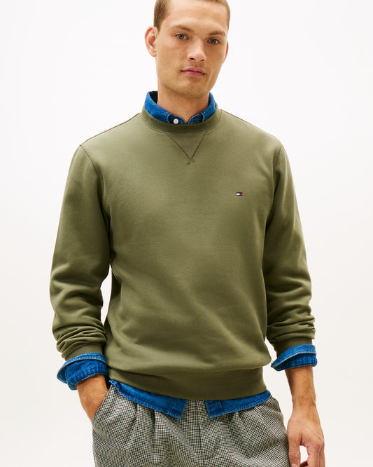 Tommy Hilfiger Essential Flag Embroidery Mens Fleece Crew Sweatshirt - Battle Green