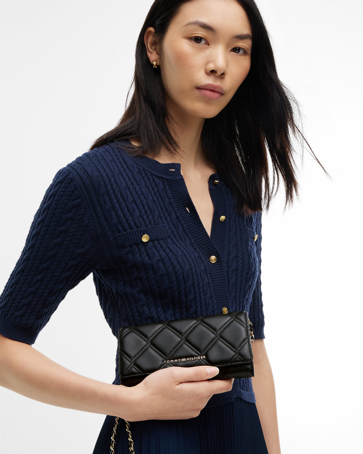 Tommy Hilfiger Quilted Womens Chain Wallet - Black | CHO | Designer Womens Purses