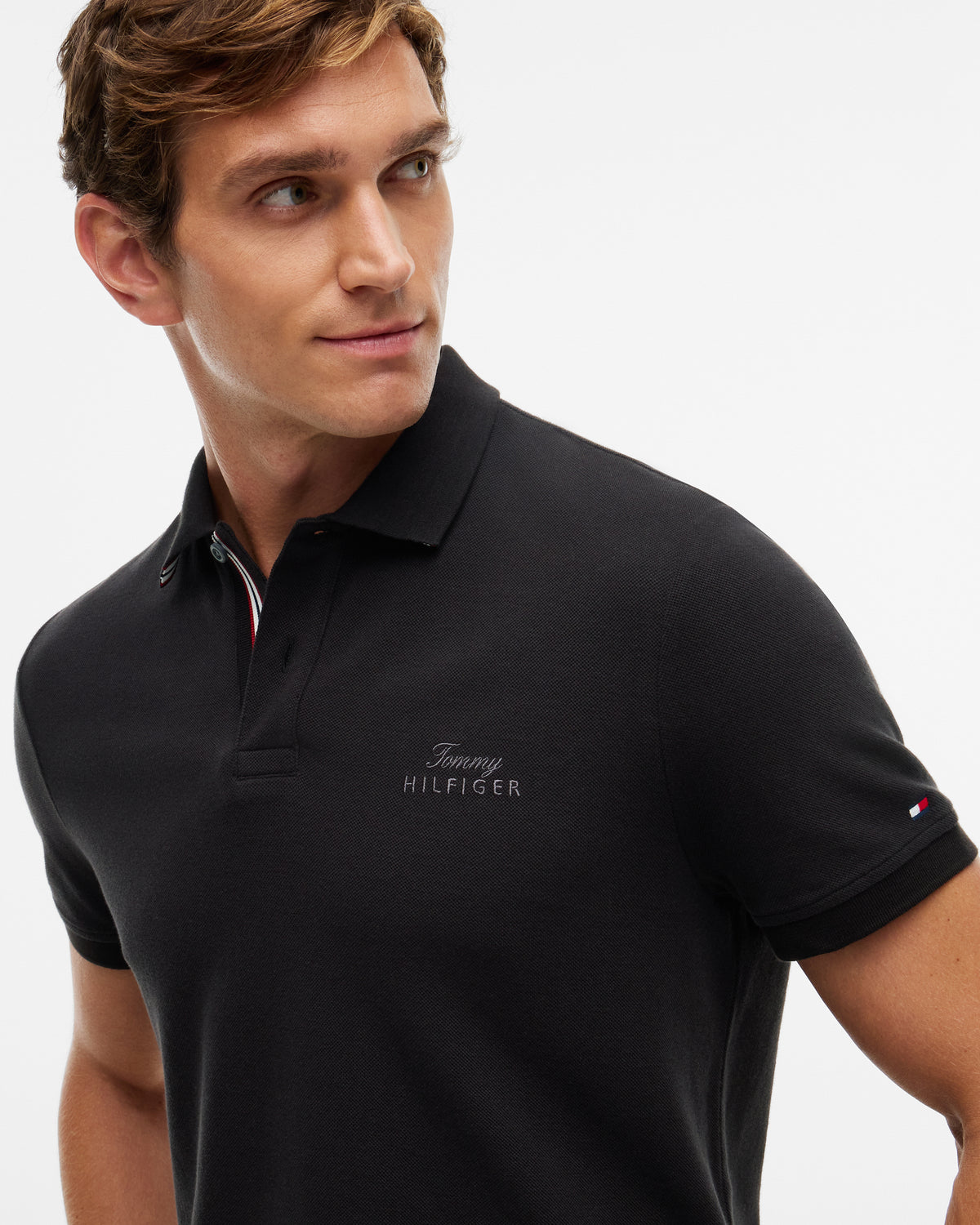 Tommy Hilfiger Signature Logo Pique Collar Mens Polo - Black | CHO | Designer Mens Polos
