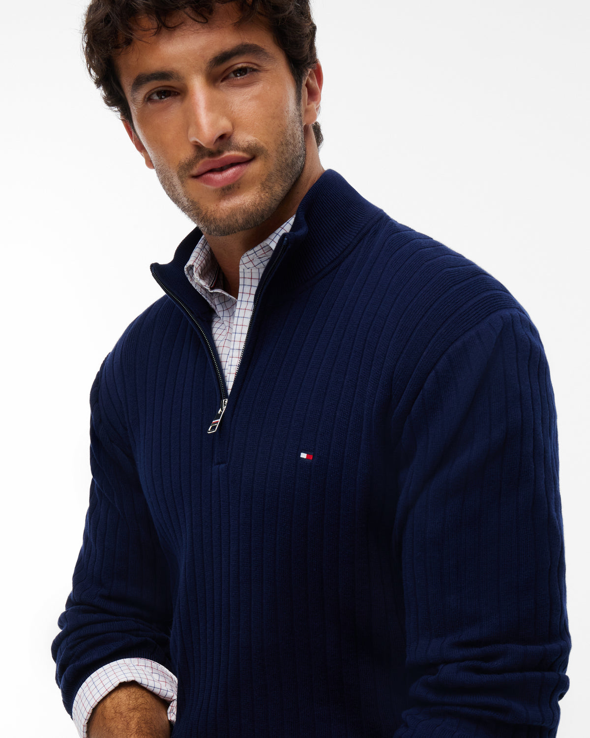 Tommy Hilfiger Wide Rib - Knit Mens Quarter - Zip Jumper - Carbon Navy | CHO | Designer Mens Jumpers
